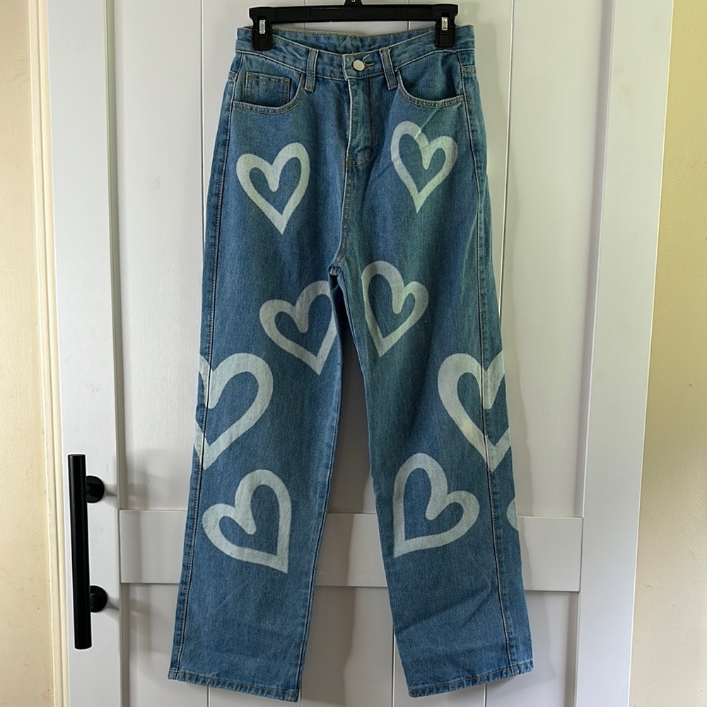 Amazon Blue Heart Pattern Straight Leg Jeans